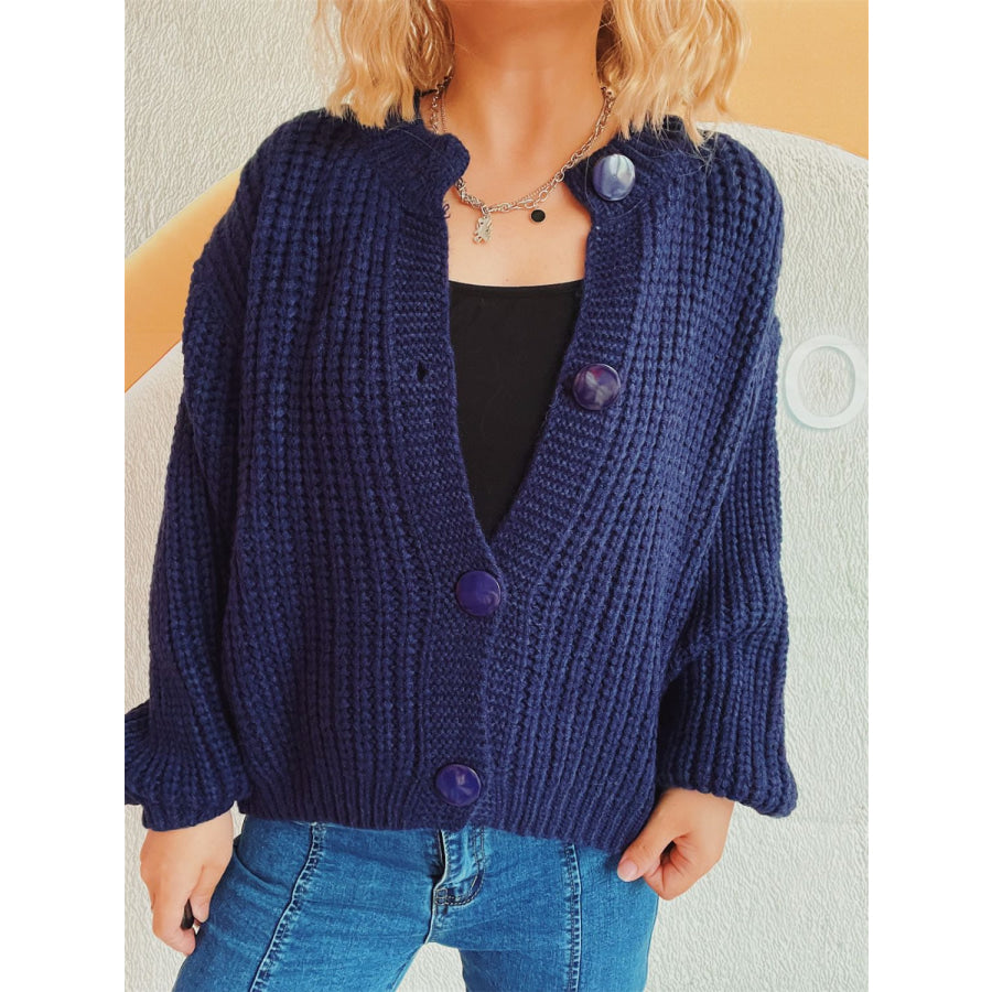 Button Up Long Sleeve Cardigan Dark Blue / One Size Apparel and Accessories