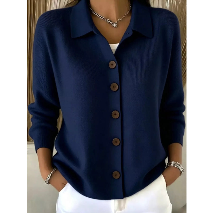 Button-Up Long Sleeve Cardigan Navy Blue / S Apparel and Accessories