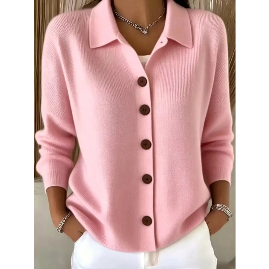 Button-Up Long Sleeve Cardigan Pink / S Apparel and Accessories