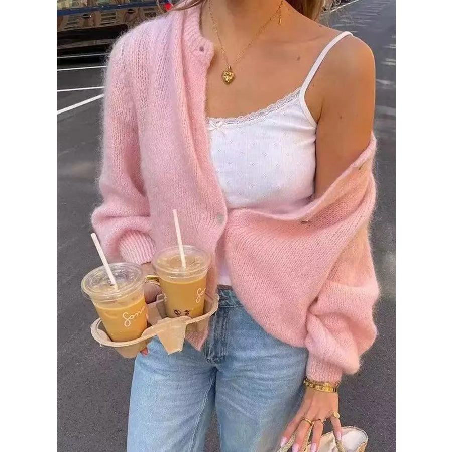Button Up Long Sleeve Cardigan Pink / S Apparel and Accessories