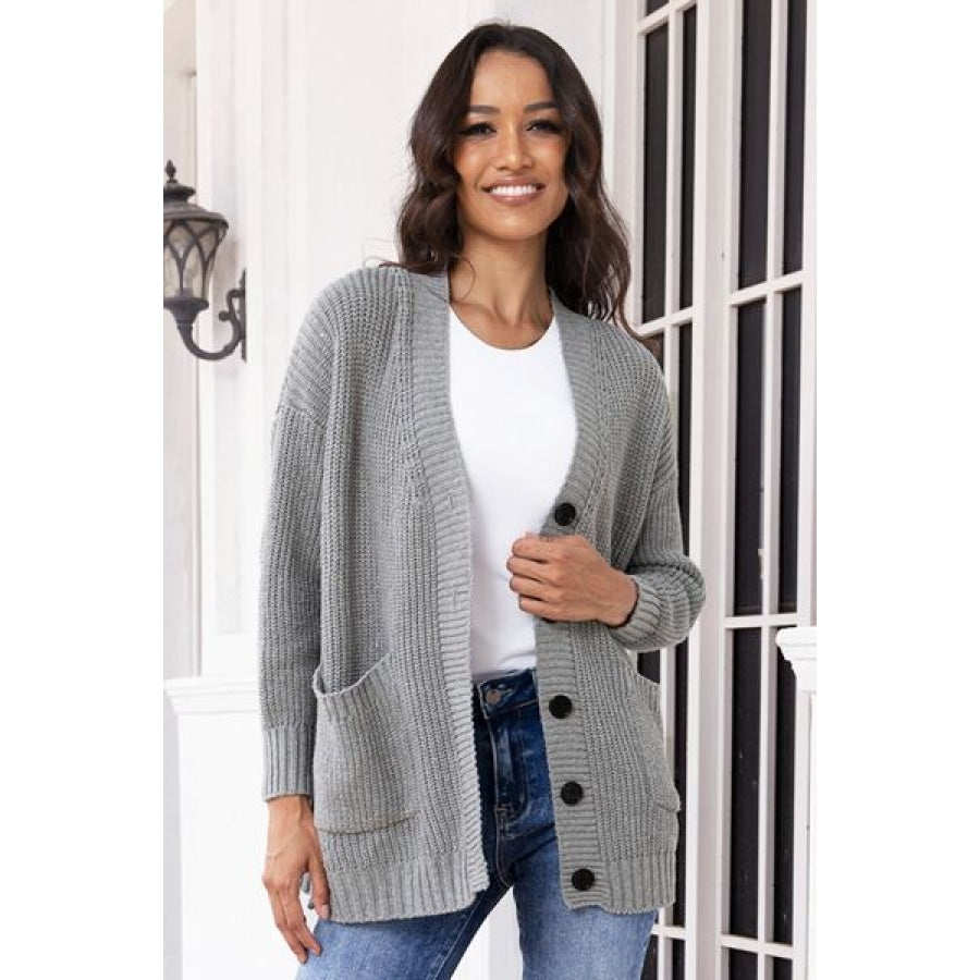 Button Up Long Sleeve Cardigan with Pockets Charcoal / S Clothing