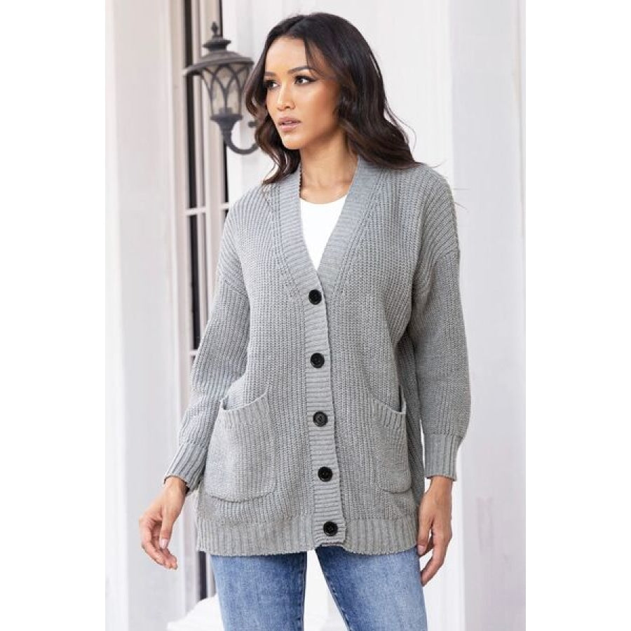 Button Up Long Sleeve Cardigan with Pockets Clothing