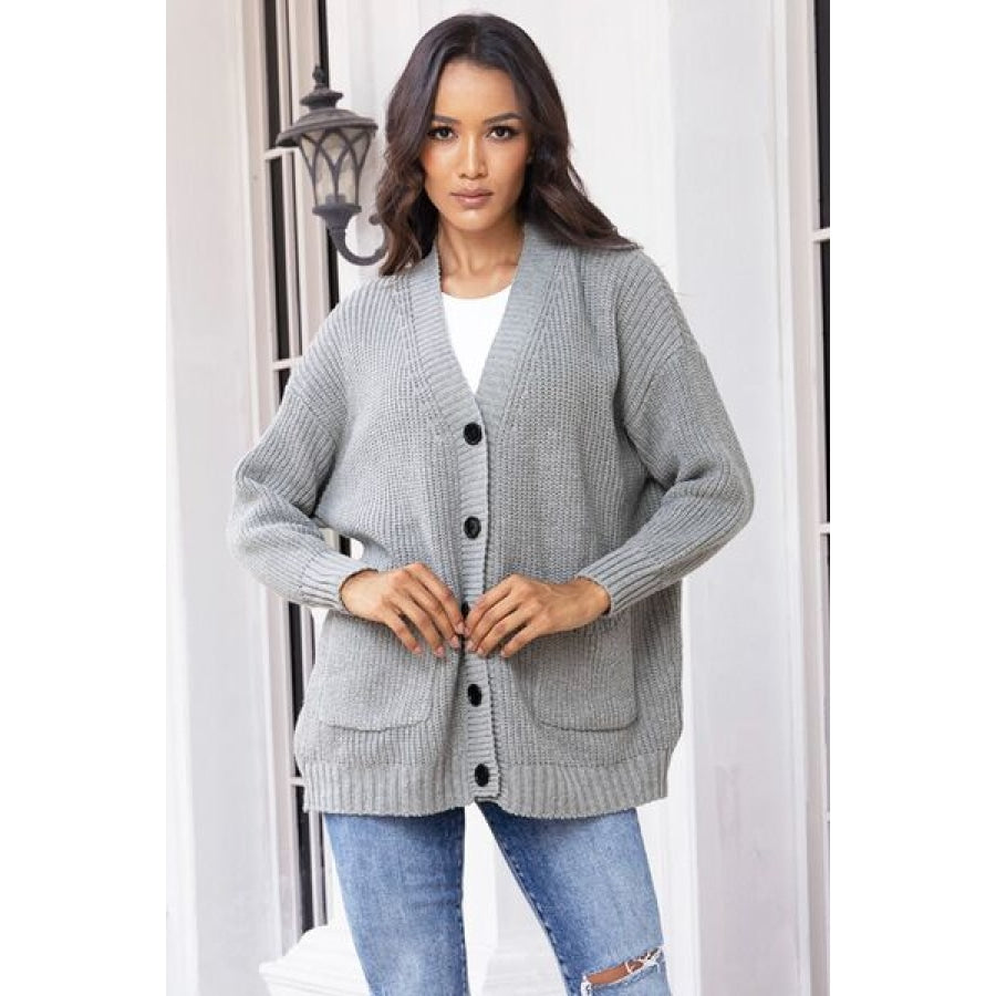 Button Up Long Sleeve Cardigan with Pockets Clothing