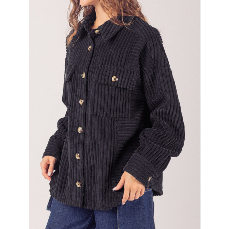 Button Up Long Sleeve Corduroy Jacket Black / S Apparel and Accessories