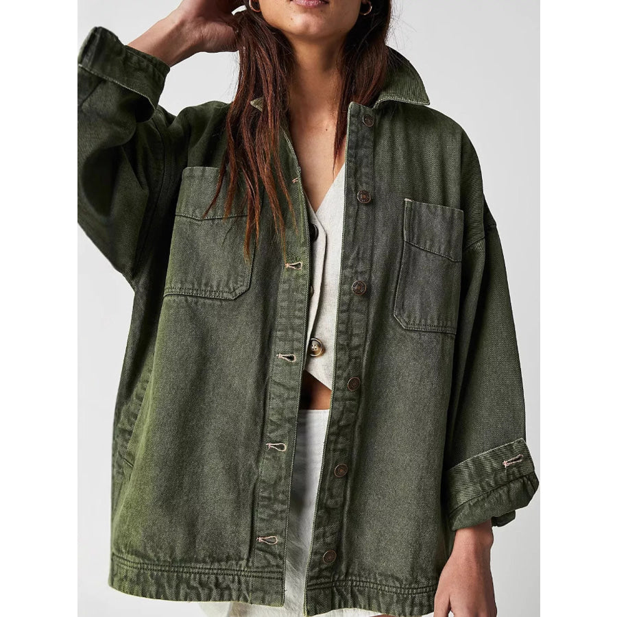 Button Up Long Sleeve Denim Jacket Army Green / S Apparel and Accessories