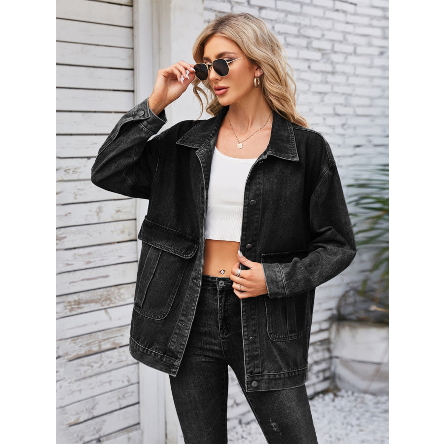 Button Up Long Sleeve Denim Jacket Black / S Apparel and Accessories