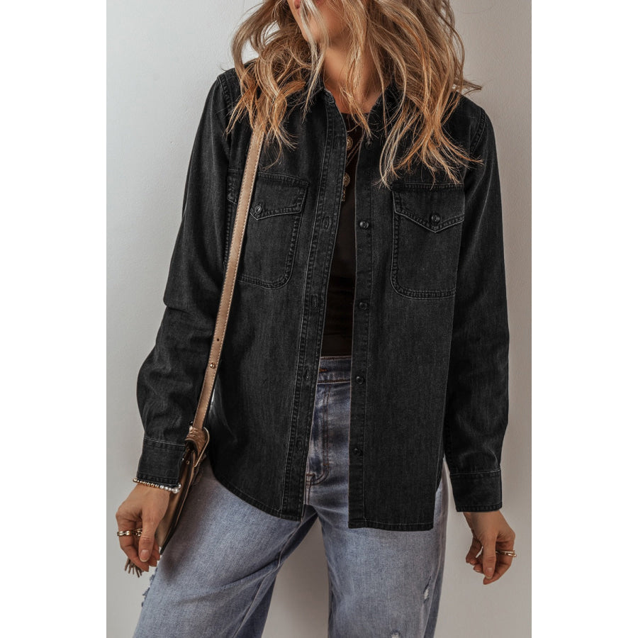 Button Up Long Sleeve Denim Jacket Black / S Apparel and Accessories