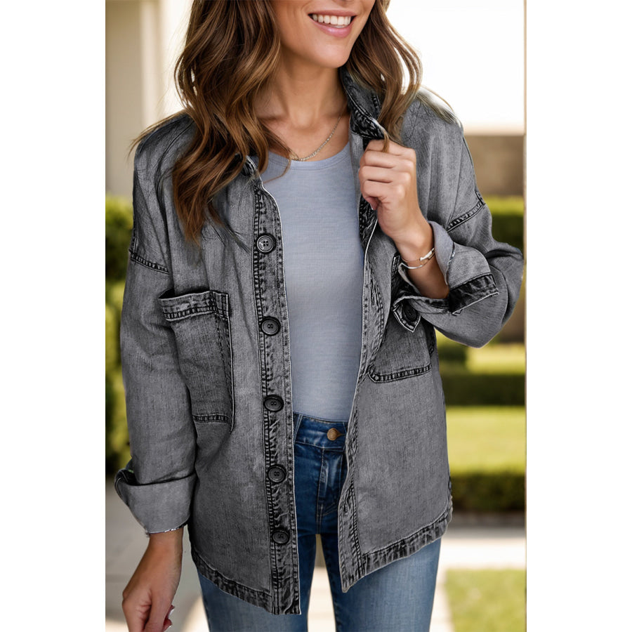 Button Up Long Sleeve Denim Jacket Dark / S Apparel and Accessories