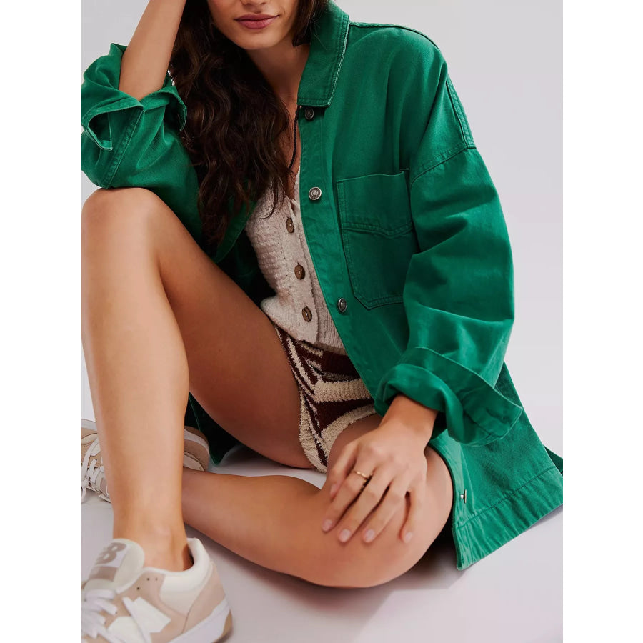 Button Up Long Sleeve Denim Jacket Green / S Apparel and Accessories