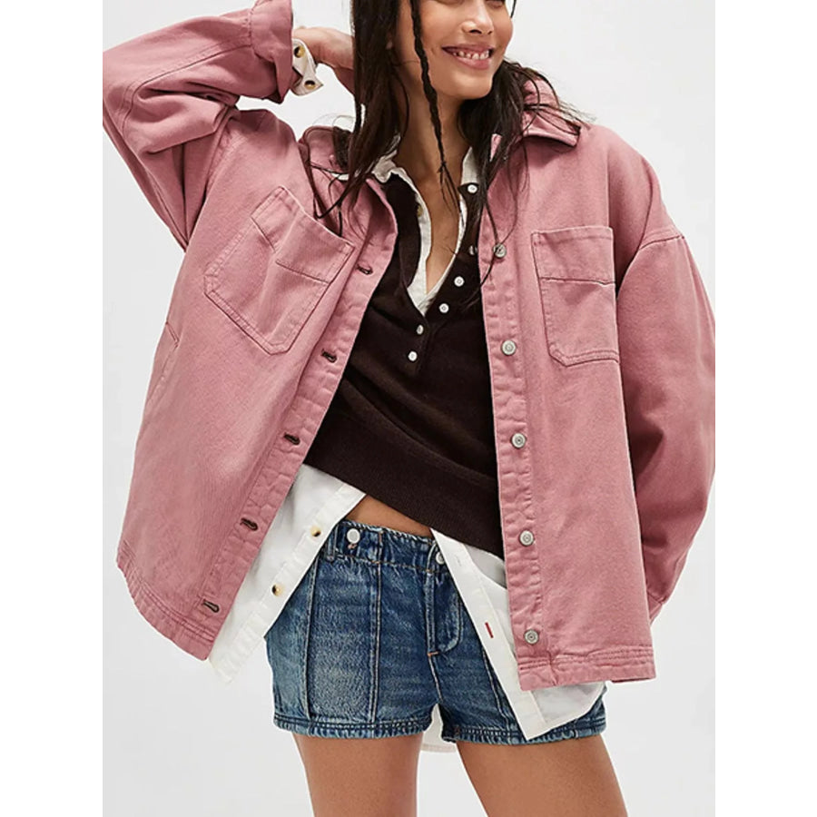 Button Up Long Sleeve Denim Jacket Pink / S Apparel and Accessories