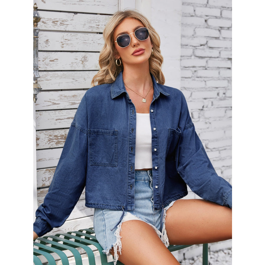 Button Up Long Sleeve Denim Jacket with Breast Pockets Apparel and Accessories