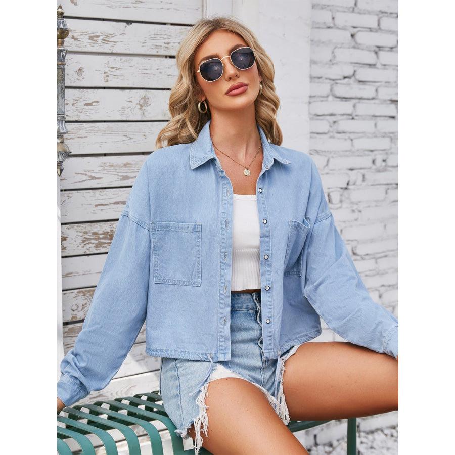 Button Up Long Sleeve Denim Jacket with Breast Pockets Apparel and Accessories