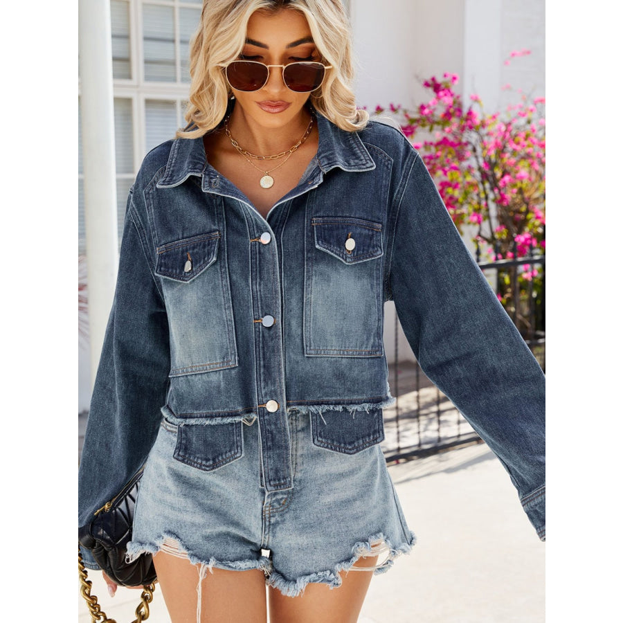 Button Up Long Sleeve Denim Jacket with Pockets Apparel and Accessories