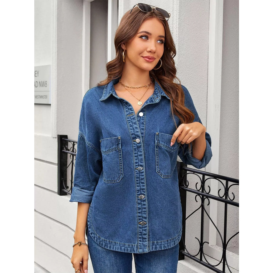 Button Up Long Sleeve Denim Shirt Apparel and Accessories