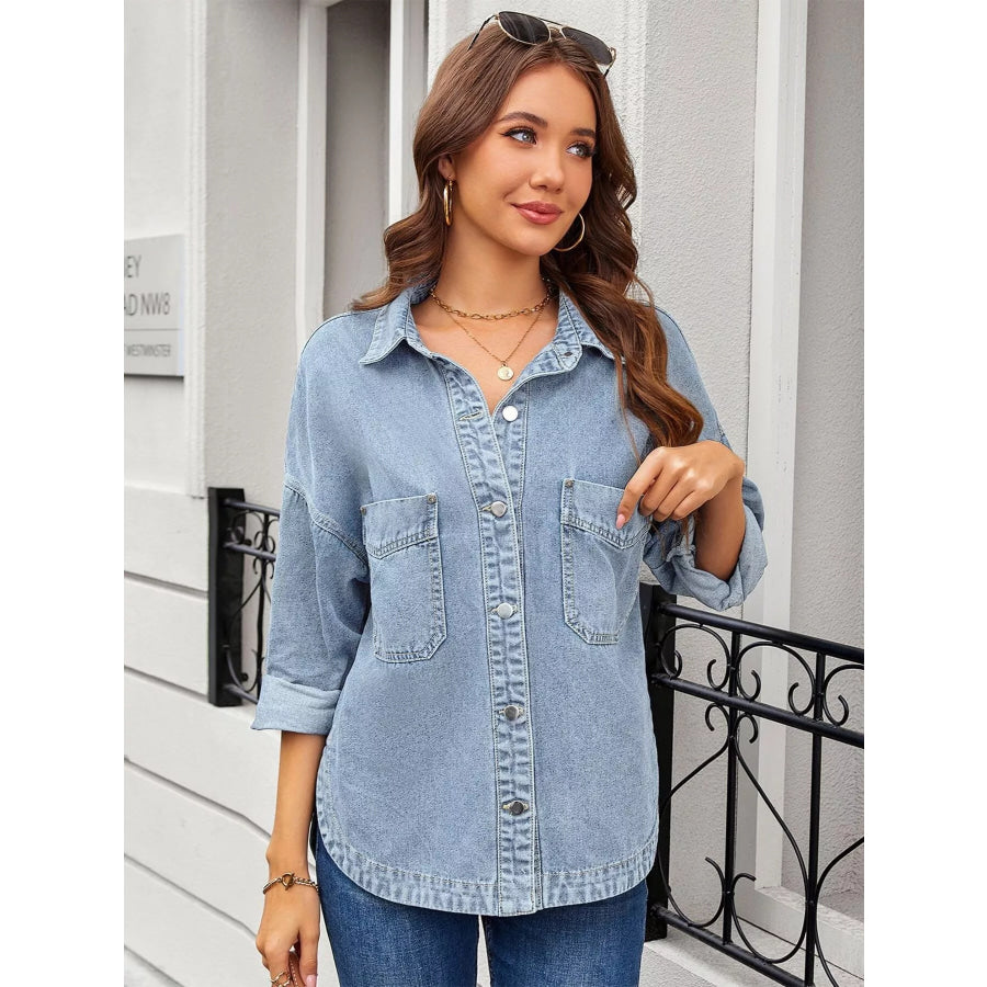 Button Up Long Sleeve Denim Shirt Apparel and Accessories