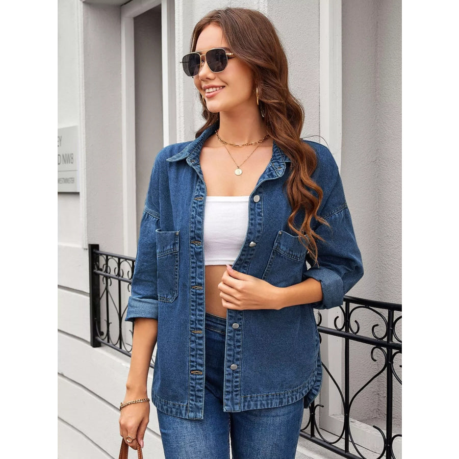 Button Up Long Sleeve Denim Shirt Blue / S Apparel and Accessories