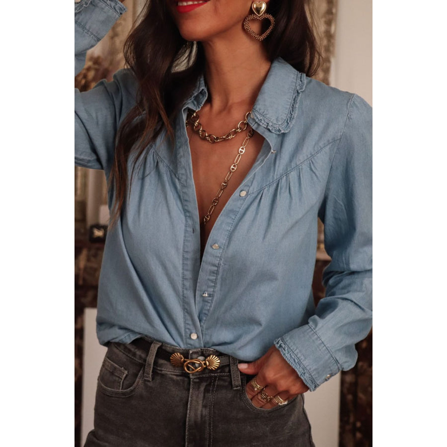 Button Up Long Sleeve Denim Top Apparel and Accessories