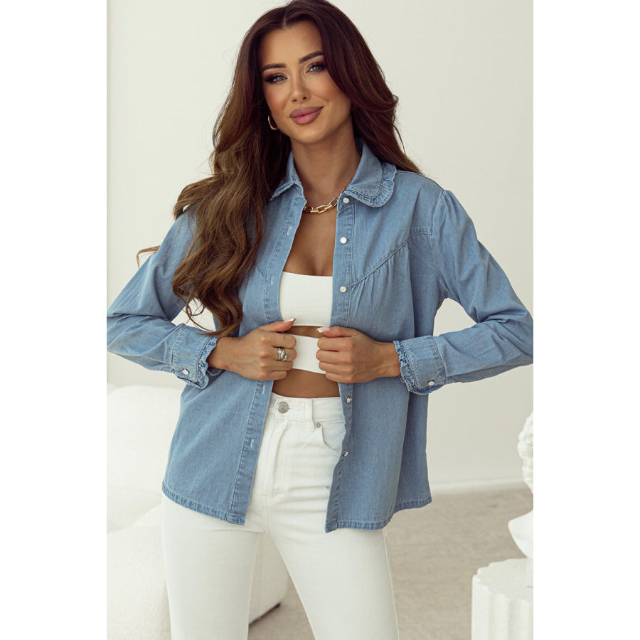 Button Up Long Sleeve Denim Top Apparel and Accessories