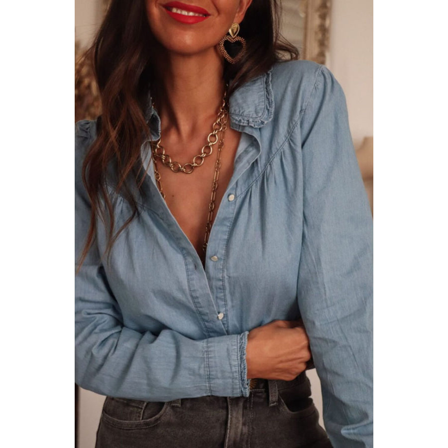 Button Up Long Sleeve Denim Top Apparel and Accessories