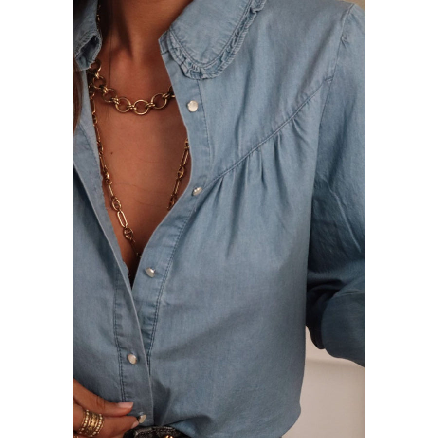 Button Up Long Sleeve Denim Top Apparel and Accessories