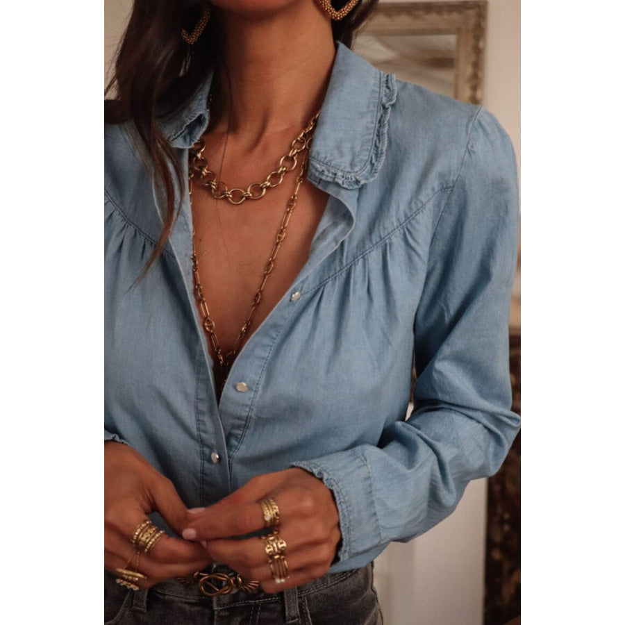 Button Up Long Sleeve Denim Top Apparel and Accessories