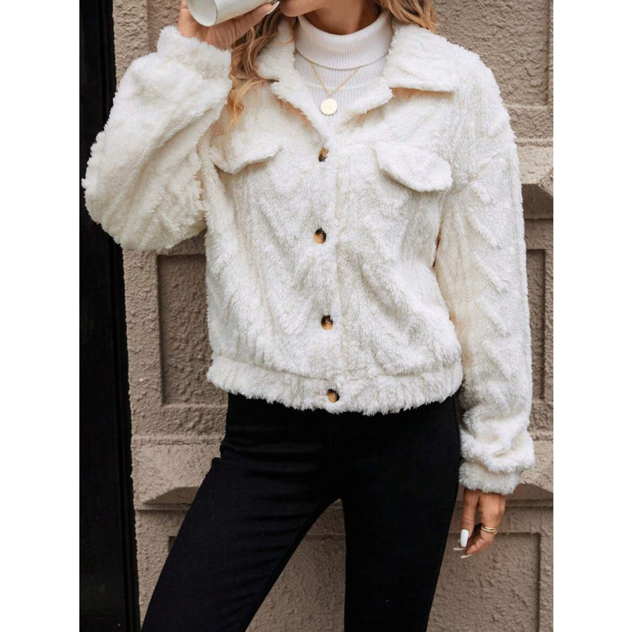 Button Up Long Sleeve Fuzzy Outerwear Ivory / S Apparel and Accessories