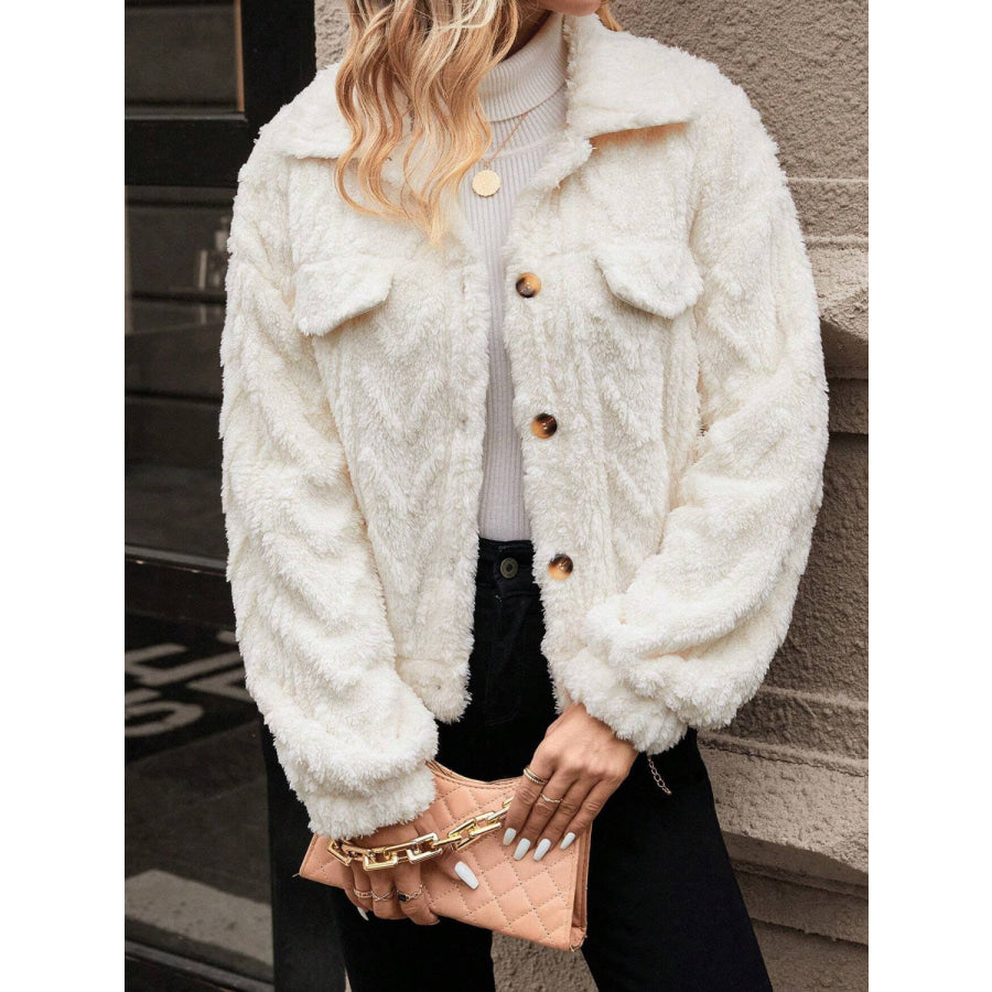 Button Up Long Sleeve Fuzzy Outerwear Ivory / S Apparel and Accessories