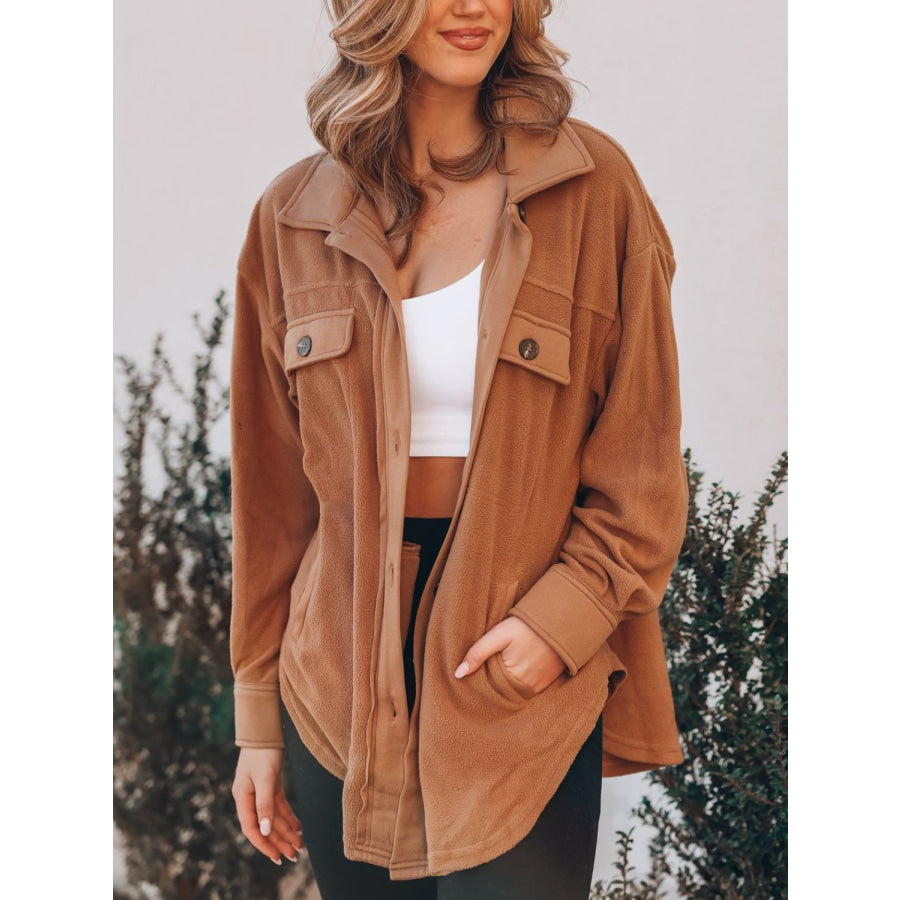 Button Up Long Sleeve Jacket Caramel / S Apparel and Accessories