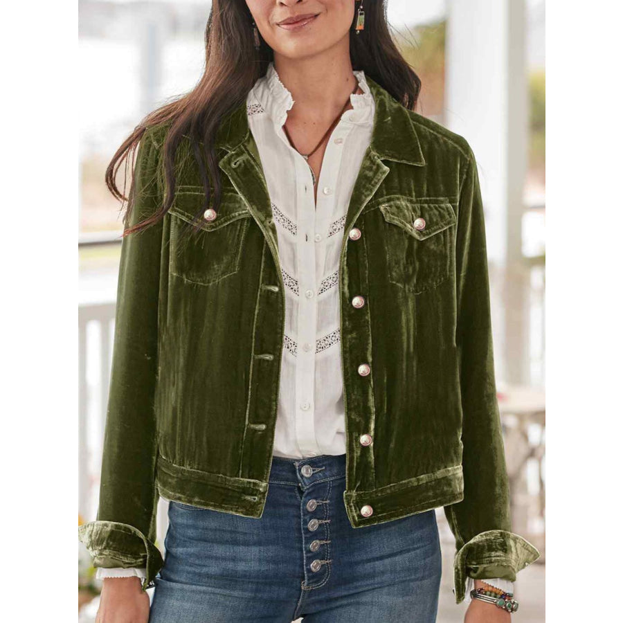 Button Up Long Sleeve Jacket with Chest Pockets Dark Green / S Apparel and Accessories