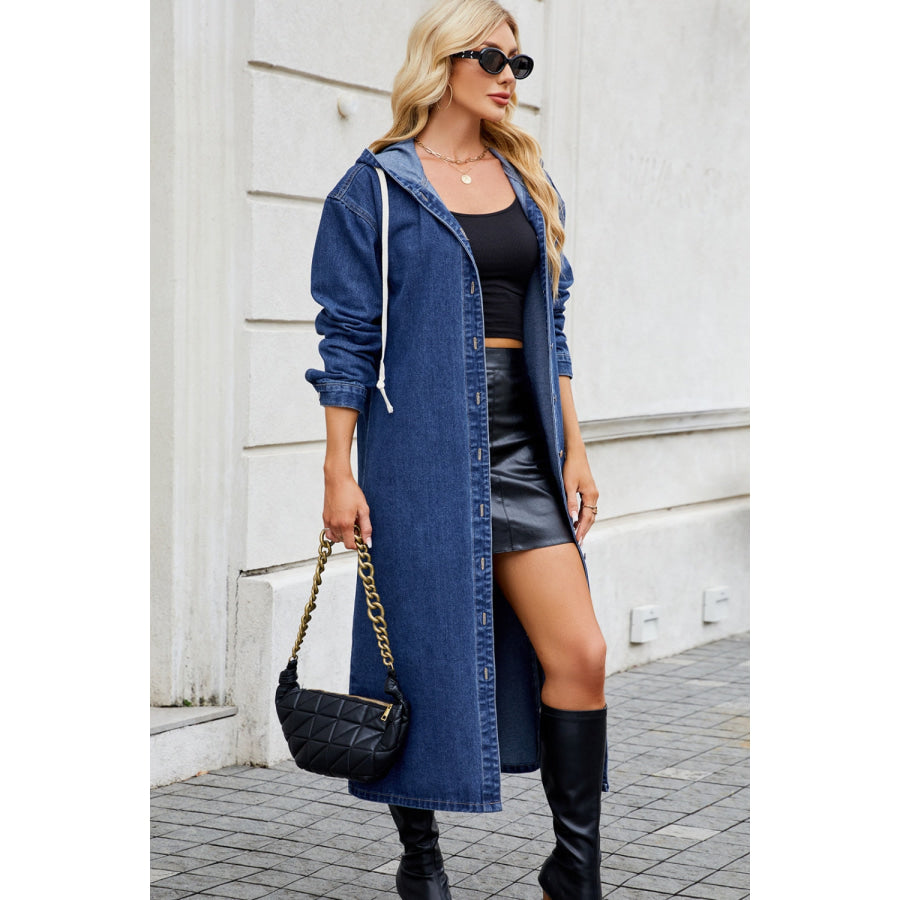 Button Up Long Sleeve Longline Hooded Denim Outerwear Apparel and Accessories