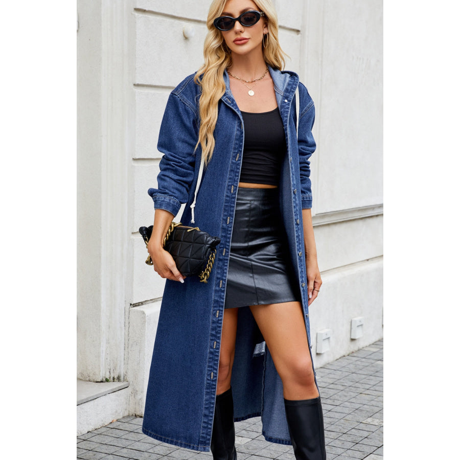 Button Up Long Sleeve Longline Hooded Denim Outerwear Apparel and Accessories