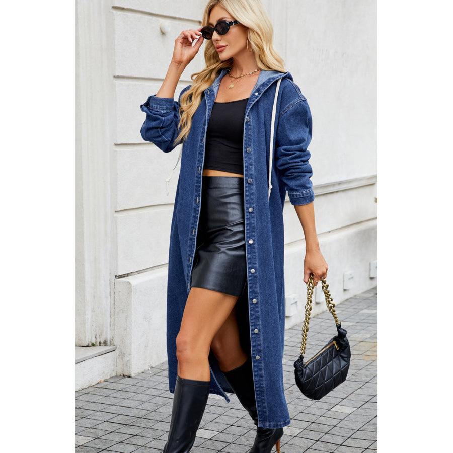 Button Up Long Sleeve Longline Hooded Denim Outerwear Apparel and Accessories