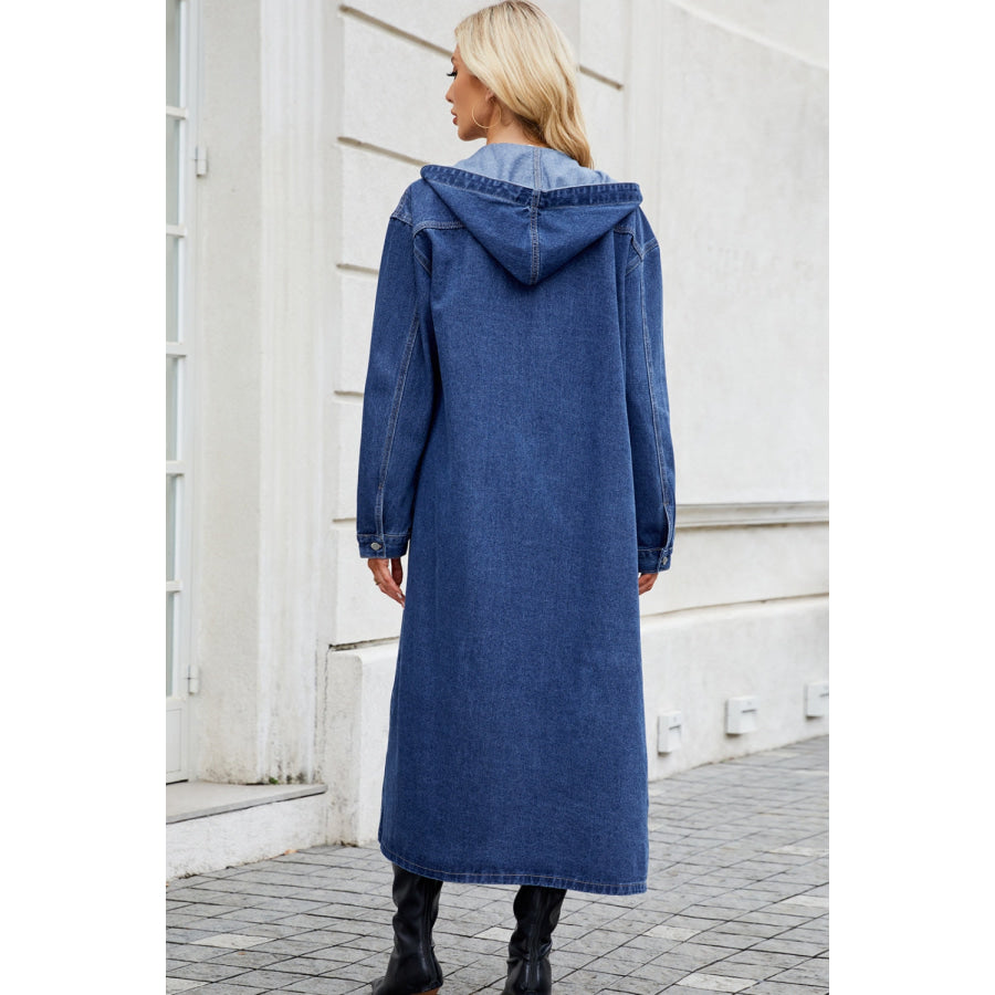 Button Up Long Sleeve Longline Hooded Denim Outerwear Apparel and Accessories