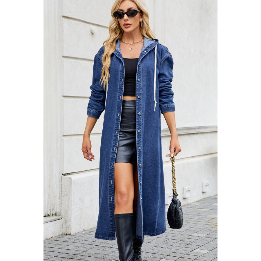 Button Up Long Sleeve Longline Hooded Denim Outerwear Apparel and Accessories