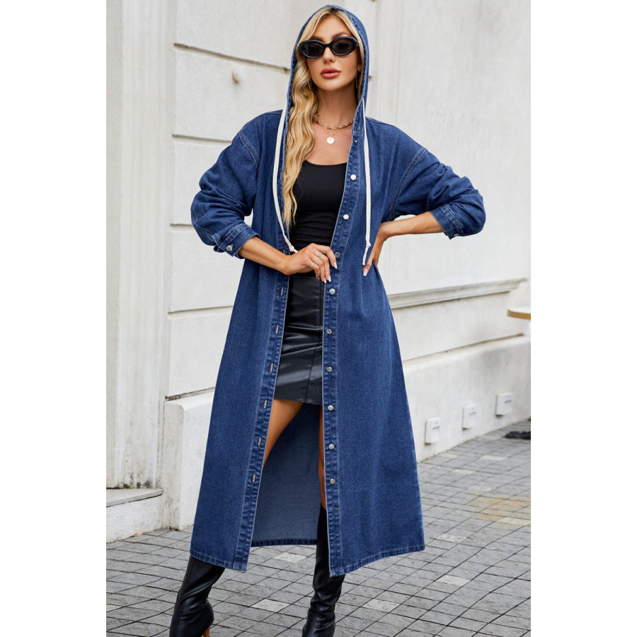 Button Up Long Sleeve Longline Hooded Denim Outerwear Dark / S Apparel and Accessories