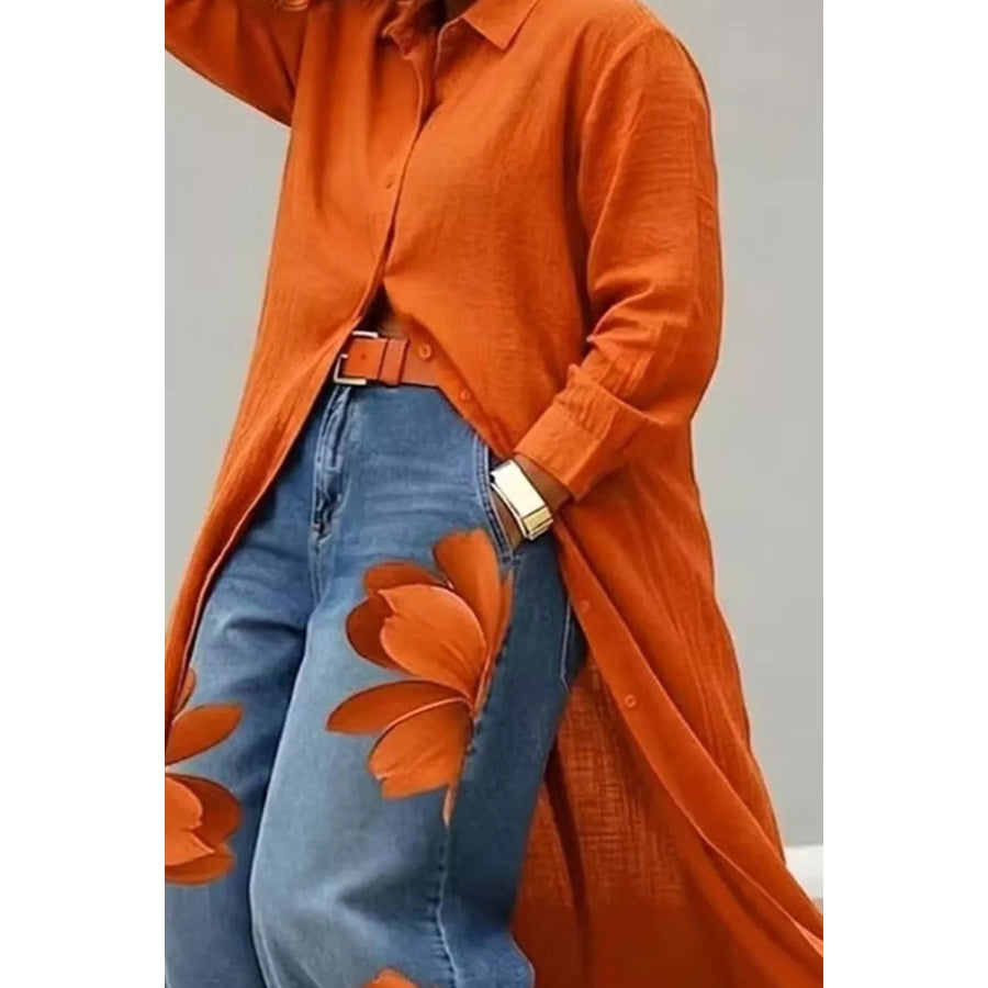 Button Up Long Sleeve Longline Shirt Apparel and Accessories
