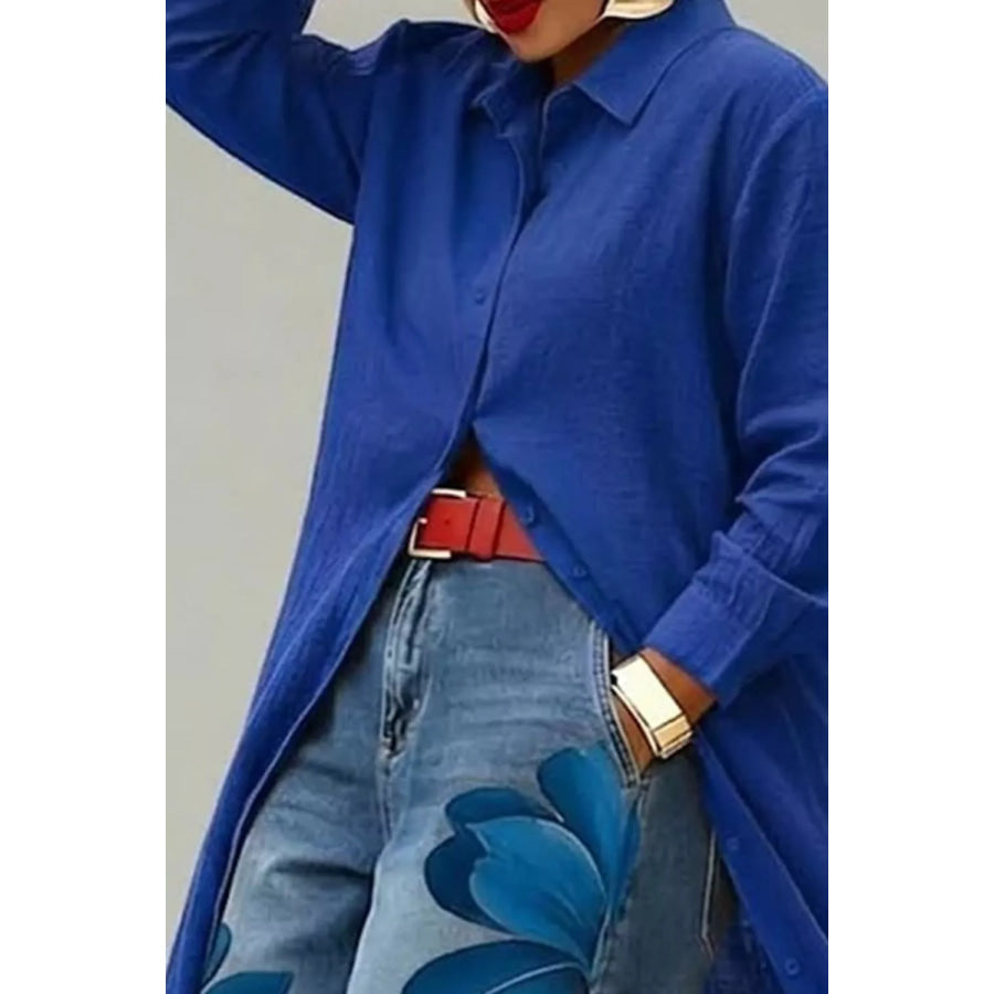 Button Up Long Sleeve Longline Shirt Apparel and Accessories