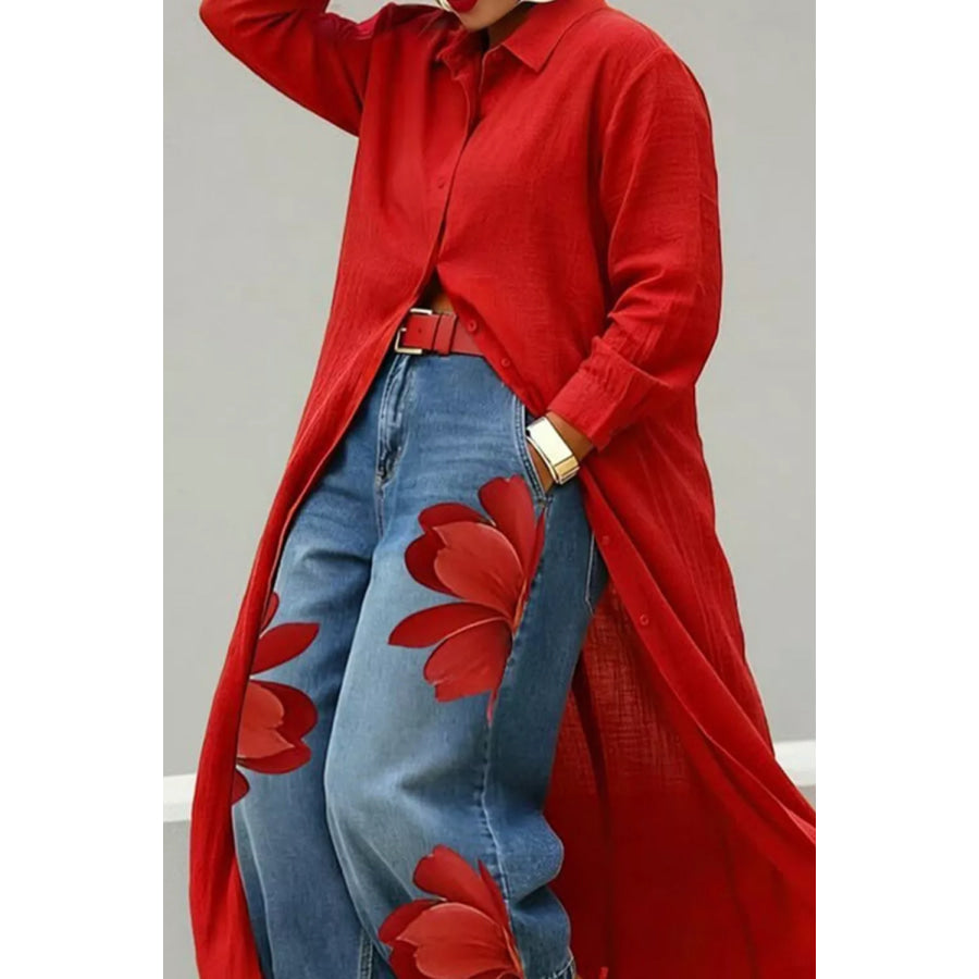 Button Up Long Sleeve Longline Shirt Apparel and Accessories