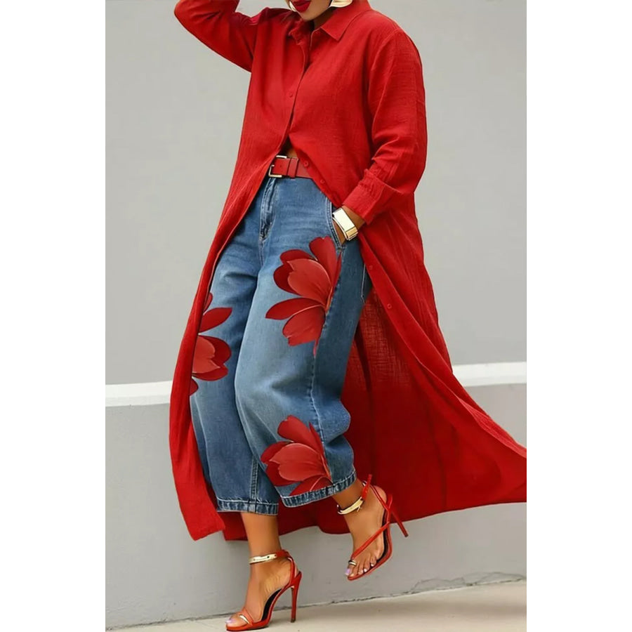 Button Up Long Sleeve Longline Shirt Deep Red / S Apparel and Accessories