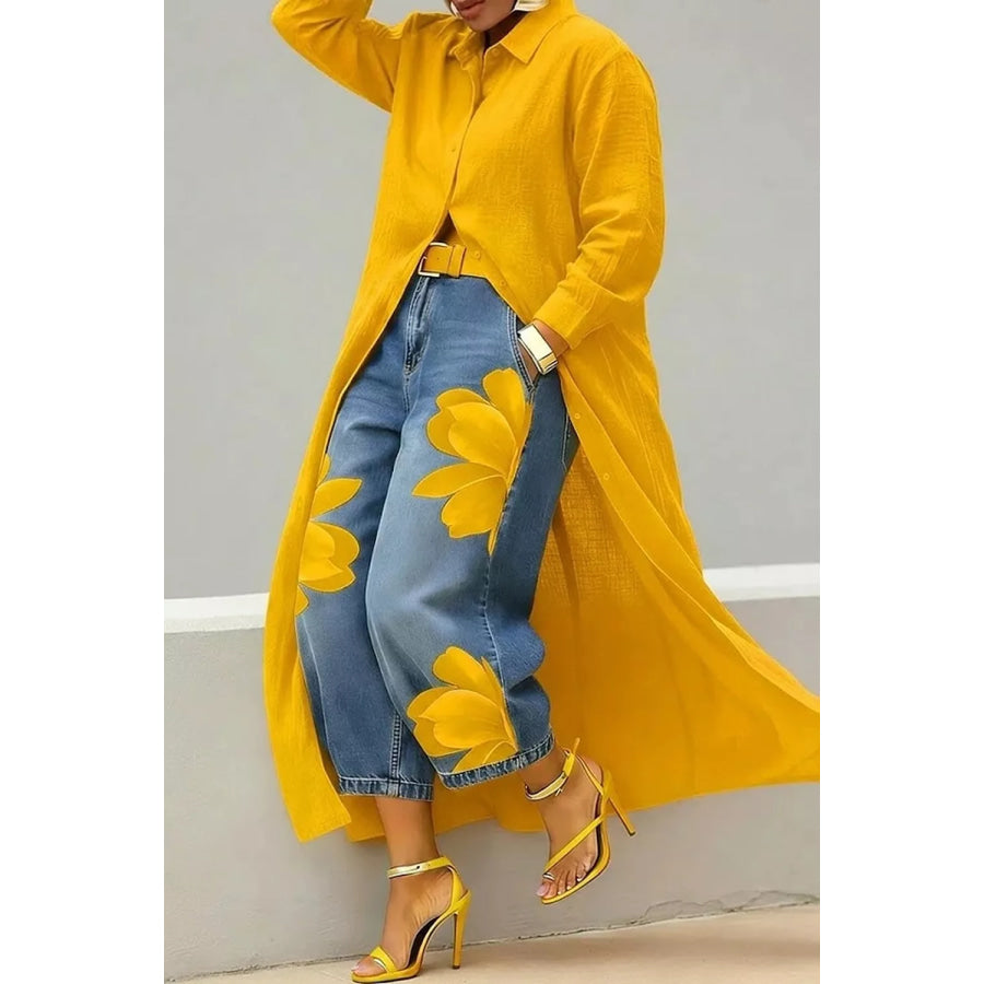 Button Up Long Sleeve Longline Shirt Gold / S Apparel and Accessories