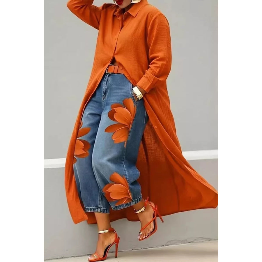 Button Up Long Sleeve Longline Shirt Orange / S Apparel and Accessories