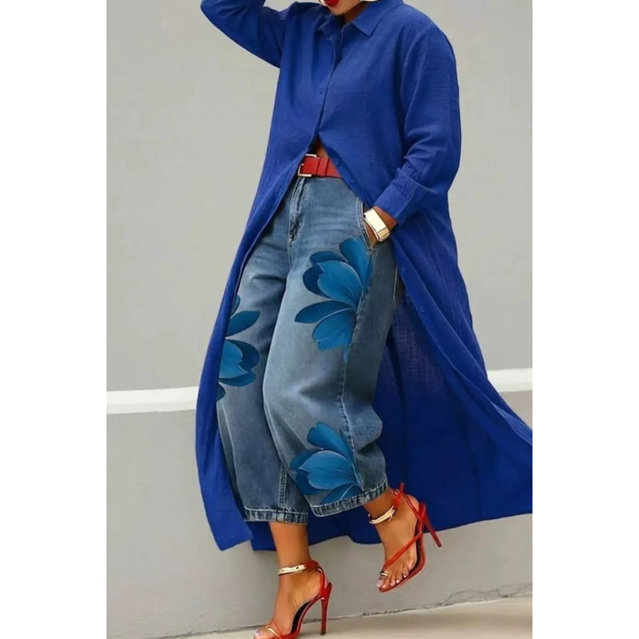 Button Up Long Sleeve Longline Shirt Royal Blue / S Apparel and Accessories