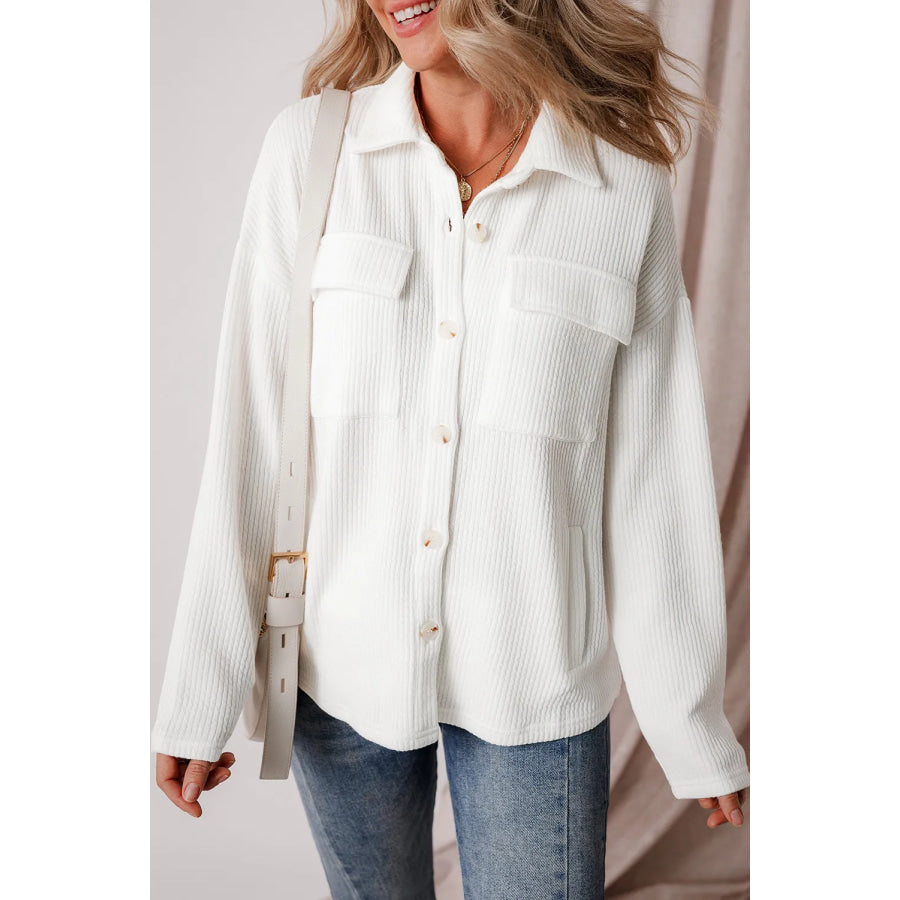 Button Up Long Sleeve Shacket White / 2XL Apparel and Accessories