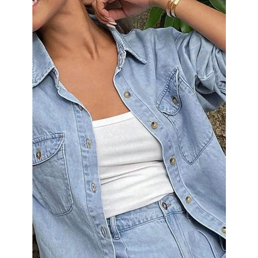 Button Up Long Sleeve Shirt and Shorts Denim Set Apparel and Accessories