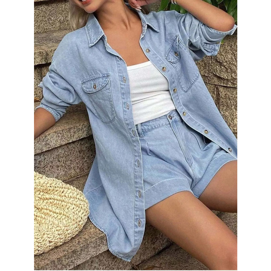 Button Up Long Sleeve Shirt and Shorts Denim Set Apparel and Accessories