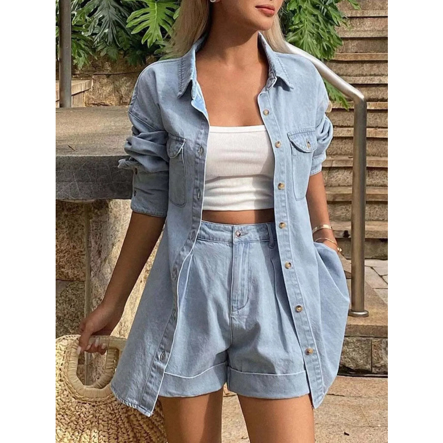 Button Up Long Sleeve Shirt and Shorts Denim Set Apparel and Accessories