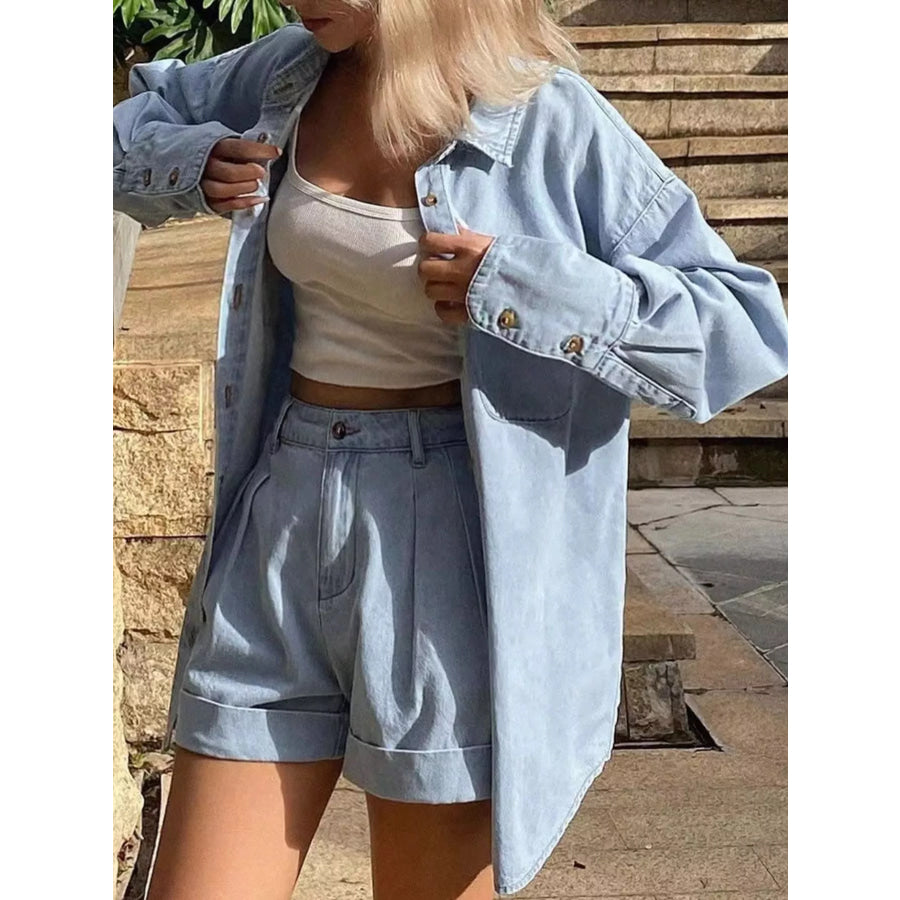 Button Up Long Sleeve Shirt and Shorts Denim Set Apparel and Accessories
