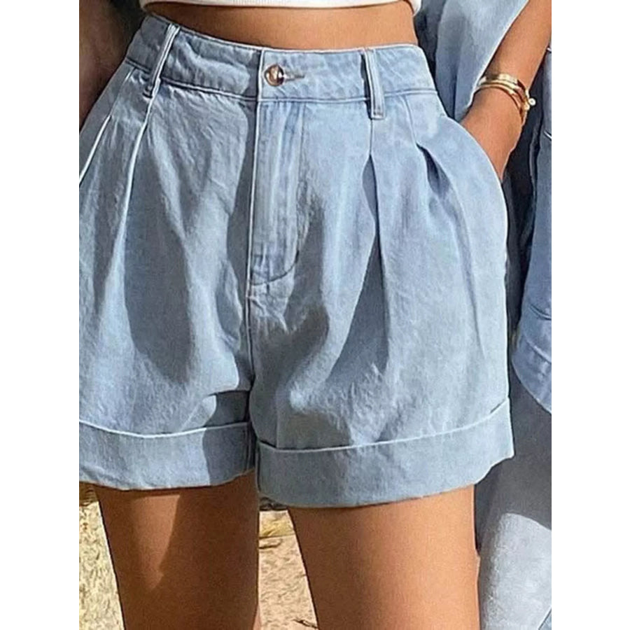 Button Up Long Sleeve Shirt and Shorts Denim Set Apparel and Accessories