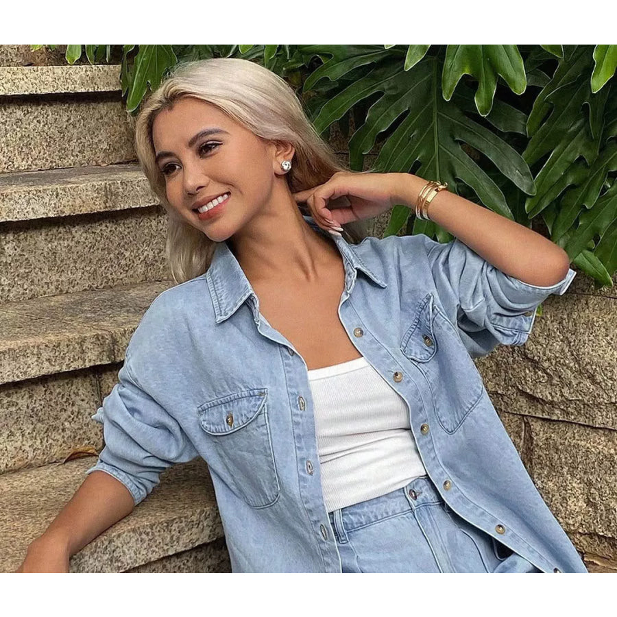 Button Up Long Sleeve Shirt and Shorts Denim Set Light Blue / S Apparel and Accessories