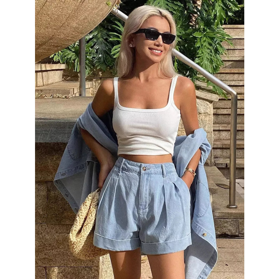 Button Up Long Sleeve Shirt and Shorts Denim Set Light Blue Shorts / S Apparel and Accessories